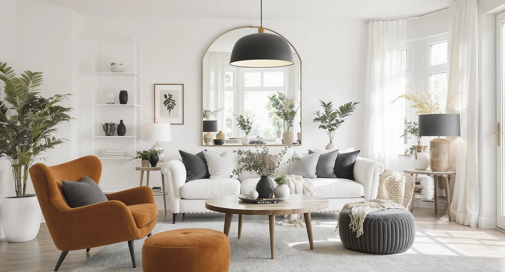 Modern living room showing home design ideas for visualization gap: bold pendant light, accent chair, storage ottoman, smart lighting, and mirror reflecting daylight.