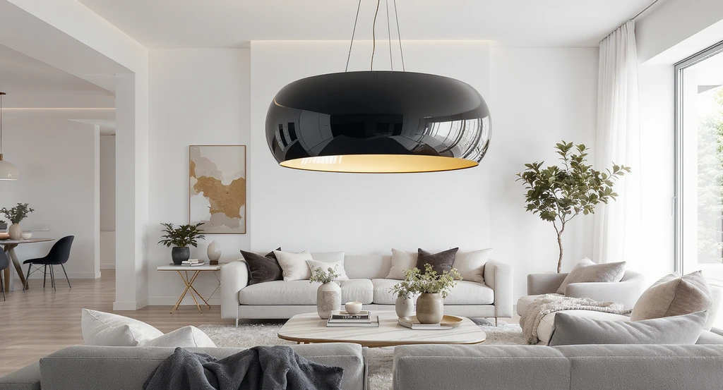 Photorealistic living room with oversized sculptural pendant light as statement centerpiece, illustrating impactful home design ideas for visualization gap.