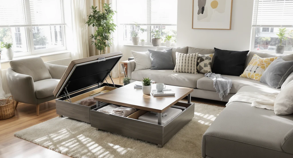 A modern living space with a lift-top coffee table, a sofa with built-in storage, an extendable dining table, and a bed with under-mattress drawers. This editorial image demonstrates home design ideas for visualization gap and helps people who can't visualize room changes see how multifunctional furniture improves an uncluttered interior.