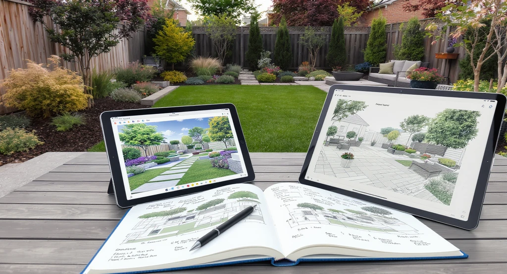 A realistic backyard landscape design scene shows a sketchbook with human garden plans and a digital tablet with an AI-generated landscape, highlighting landscape design expertise.