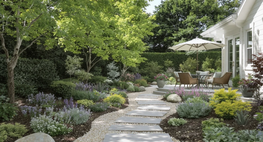 Believable, expertly designed landscape with stone walkway, native planting beds, and patio, showing real-world balance for curb appeal and harmony.