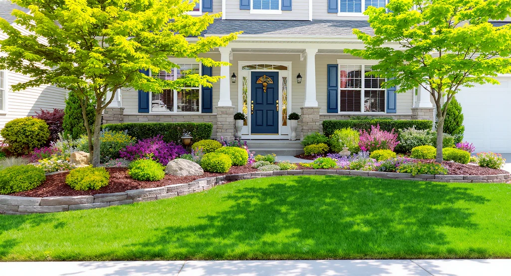 Beautifully landscaped front yard with manicured lawn, stone-edged flower beds, healthy shrubs, mature trees, and subtle lighting showcasing thoughtful landscape design and curb appeal.