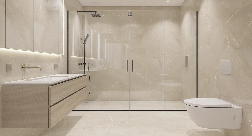 Photorealistic bathroom with large-format wall and floor tiles, floating vanity, and luxury finishes, showcasing ai bathroom design ideas for home upgrades and how ai can personalize bathroom makeovers.