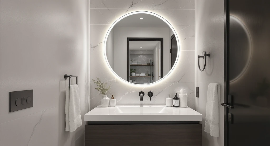 Contemporary bathroom with a round backlit mirror above a floating vanity, showcasing ai bathroom design ideas for home upgrades and personalized makeovers.
