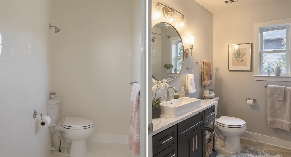 Modern bathroom before-and-after: bland white tiles and fixtures contrasted with a designer-upgraded space using ai bathroom design ideas for home upgrades.