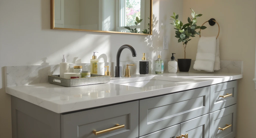 Elegant bathroom vanity upgrade with quartz countertop, new hardware, designer faucet, and decorative tray, illustrating ai bathroom design ideas for home upgrades.