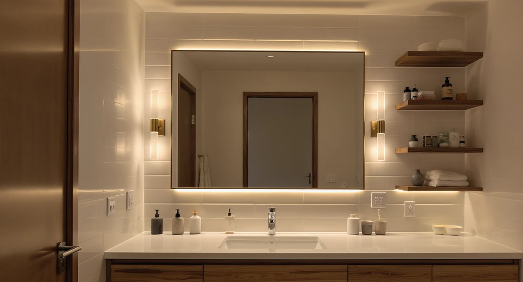 Modern bathroom with layered lighting: overhead recessed lights, wall mirror with sconces, and under-shelf LED strips, illustrating ai bathroom design ideas for home upgrades and how ai can personalize bathroom makeovers.