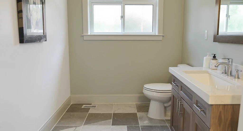 Photorealistic ai bathroom design idea: a neutral, modern bathroom with moisture-resistant soft white, sage, and beige walls, ideal for home upgrades.