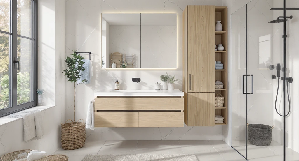 Modern bathroom with a floating vanity, vertical hidden storage cabinets, and clutter-free surfaces, illustrating ai bathroom design ideas for home upgrades and bathroom decor planning with ai apps.