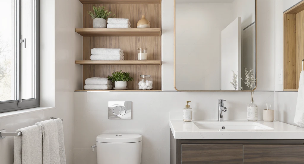 Small bathroom with open shelving showcasing towels, candle, and potted plant above a modern vanity, ideal for ai bathroom design ideas and bathroom decor planning.