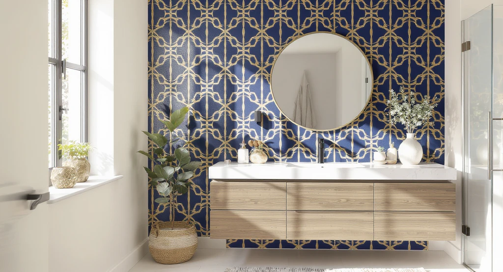 Modern bathroom with a geometric peel-and-stick wallpaper accent wall behind the vanity, showcasing ai bathroom design ideas for home upgrades.