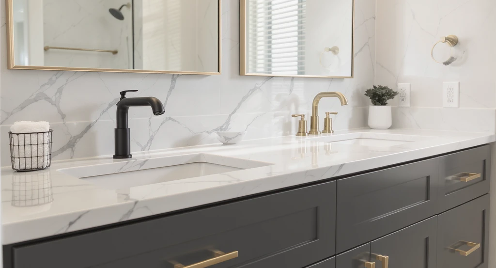 Modern bathroom sink area featuring matte black faucet and brushed brass cabinet pulls, ideal for ai bathroom design ideas for home upgrades and personalized bathroom makeovers.