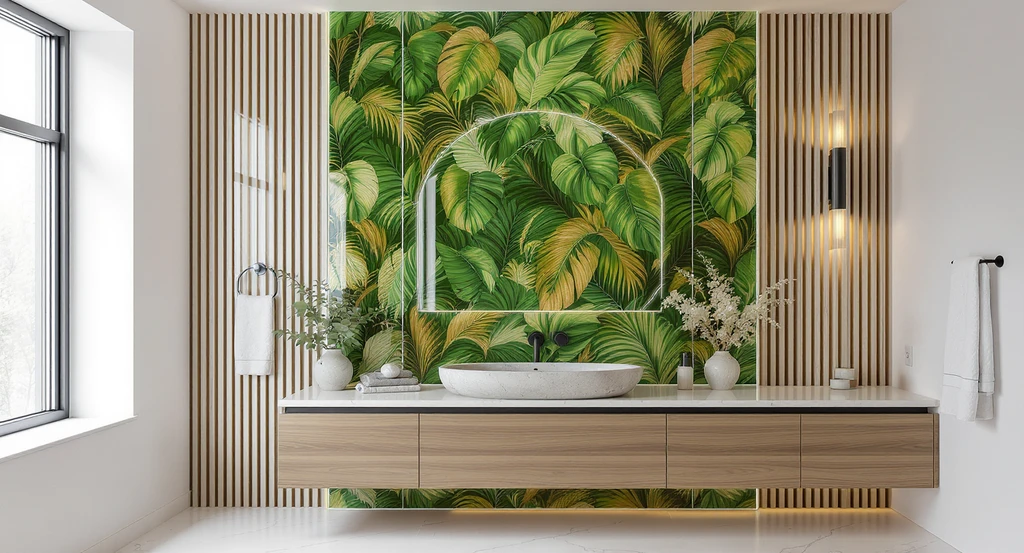 Modern bathroom with a bold tropical peel-and-stick wallpaper feature wall, wood slat accents, and natural lighting—showcasing ai bathroom design ideas for home upgrades.