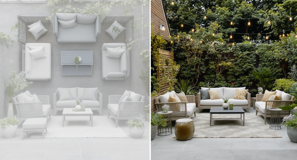 Modern garden patio split between a staged, AI-designed furniture layout and a warm, designer-arranged outdoor space, showing how ai-powered garden furniture planner tools compare with real-life design, and demonstrating how to design outdoor spaces with ai by visualizing patio layouts using ai software.