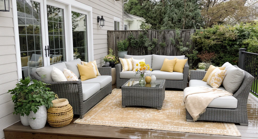 Photorealistic patio scene showing overcrowded, mismatched outdoor furniture with impractical materials, exemplifying common garden furniture planner tool mistakes when using ai-powered design software without expert oversight.