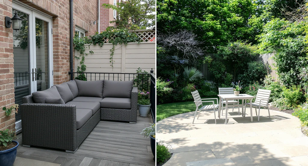 A split-view image shows ai-powered garden furniture planner tool results: an oversized sofa blocks a balcony, while tiny chairs are lost in a large patio, visualizing patio layouts using ai software for proportion and practicality in outdoor spaces.