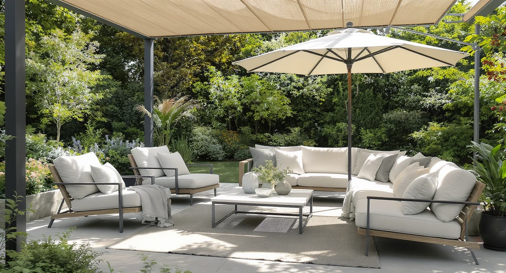 Outdoor lounge set with deep-cushioned, ergonomic furniture and plush weather-resistant fabrics, showing ai-powered garden furniture planner tool and best ai home design tools for gardens.