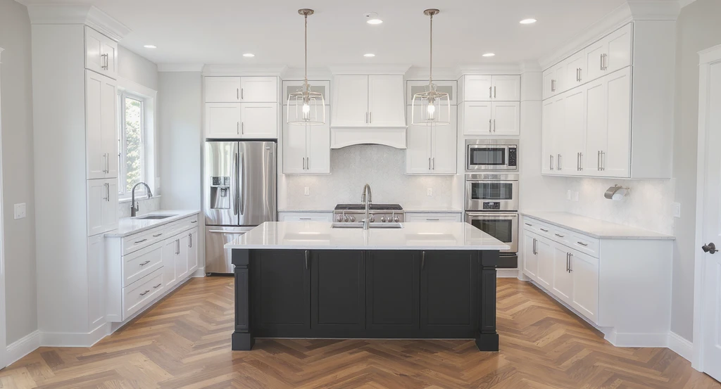 Modern empty kitchen interior with blank counters and cabinetry, faint floor markers showing kitchen work triangle potential in an unused room. Visualizing kitchen potential in empty homes and how to design a blank kitchen space using the kitchen work triangle for empty rooms.