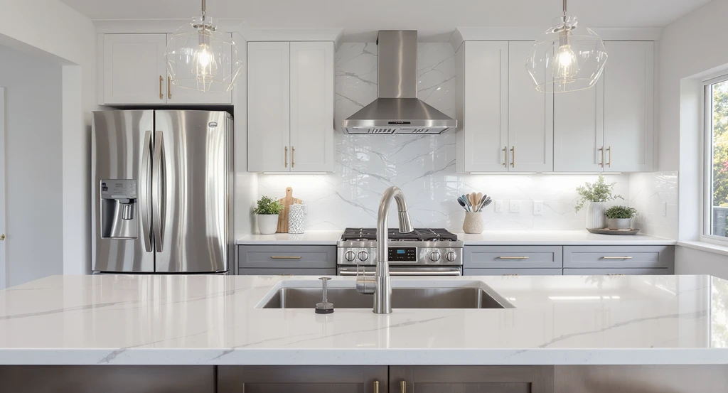 Modern kitchen showcasing a clutter-free work triangle layout with clear visual focus, ideal for visualizing kitchen potential in empty homes and for designing blank kitchen spaces efficiently.