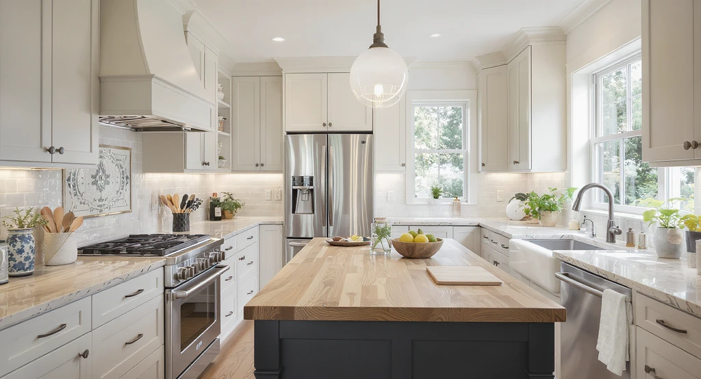 Photorealistic kitchen showcases visualizing kitchen potential in empty homes with a realistic kitchen triangle, staged finishes, and a prepping zone by the window, illustrating how to design a blank kitchen space for efficient transformation and modern layout ideas.