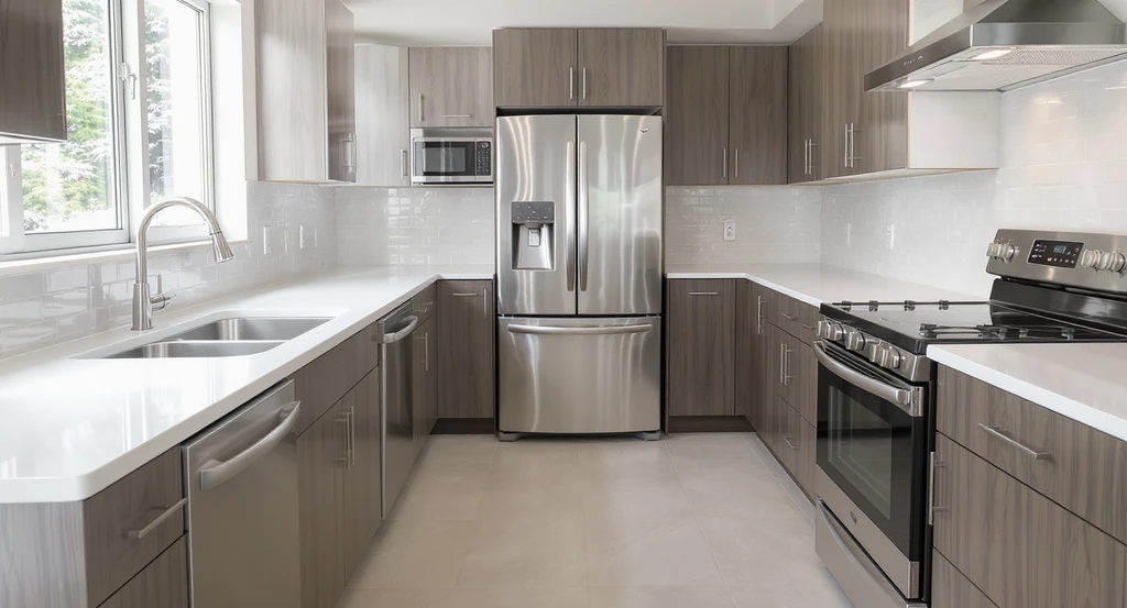 Photorealistic empty modern kitchen showcasing an ideal kitchen work triangle layout, with unobstructed paths between sink, fridge, and stove, visualizing kitchen potential in empty homes.