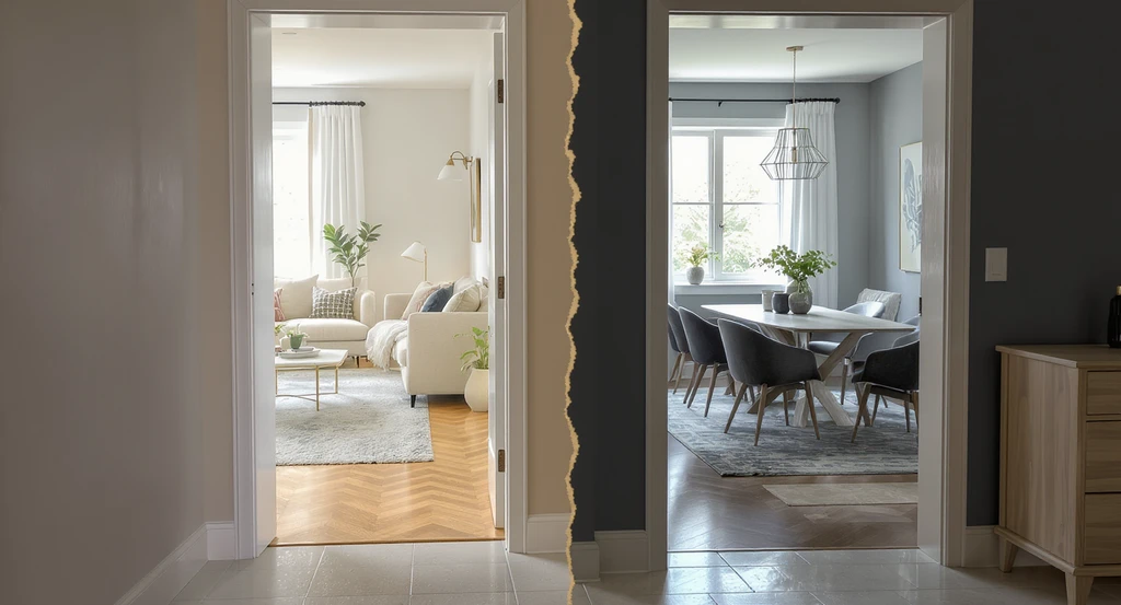 Editorial-quality image from a multi-view AI home visualization guide showing mismatched flooring, colors, and decor at a room transition, illustrating how to design cohesive interiors with AI and avoid mistakes in AI home staging during the expert review step of the AI home design workflow.