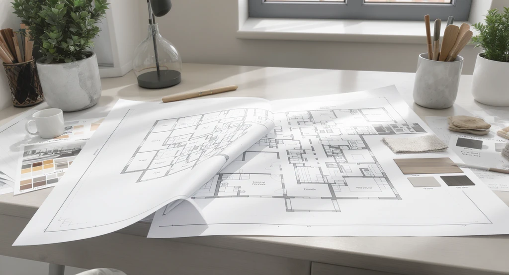 Open architectural blueprint and moodboard with swatches and room renderings on a modern desk, illustrating a step-by-step AI home design workflow for cohesive interiors and expert review using a multi-view AI home visualization guide.