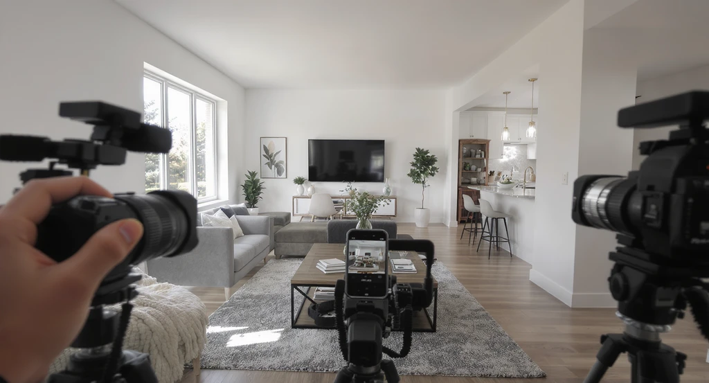 Modern open-concept living area photographed from several angles with visible cameras, illustrating a step-by-step AI home design workflow for multi-view AI home visualization and expert review.