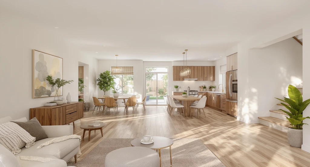 Photorealistic multi-view AI home visualization showing seamlessly coordinated living, dining, kitchen, and hallway interiors. Guide to cohesive AI home design without staging errors.