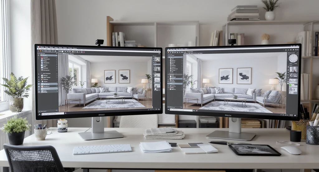 Side-by-side monitors on a modern desk show an AI-designed living room and a professionally refined version, with real-world materials and tools for expert review — illustrating the step-by-step AI home design workflow from the multi-view AI home visualization guide and how to design cohesive interiors with AI by avoiding mistakes in AI home staging.