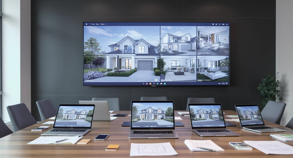 Photorealistic conference room with digital screens and devices displaying a multi-view AI home visualization guide, showing step-by-step AI home design workflow with cohesive interiors, material samples, and natural lighting, enabling expert review for AI-generated home designs.