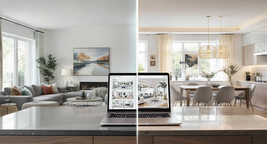 Photorealistic open-plan home shows clashing room styles side by side, with a laptop displaying split-screen multi-view AI home visualization guide.