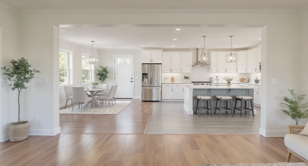 Photorealistic open concept living room and kitchen with coordinated colors and seamless flooring transitions, showcasing how multi-view AI home design tools prevent room design mismatches and support best practices for using design visualization tools in open concept spaces.