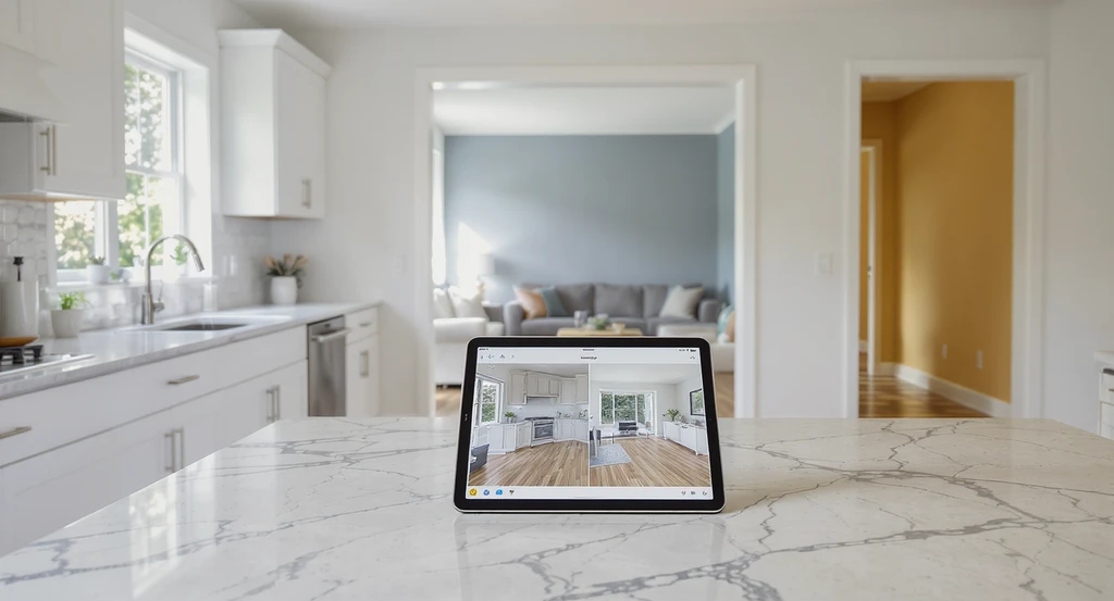 Modern open-concept interior with kitchen, living room, and hallway, each featuring mismatched floors and wall colors, plus a tablet showing a multi-view AI home design tool to prevent costly room design mismatches in open concept spaces.