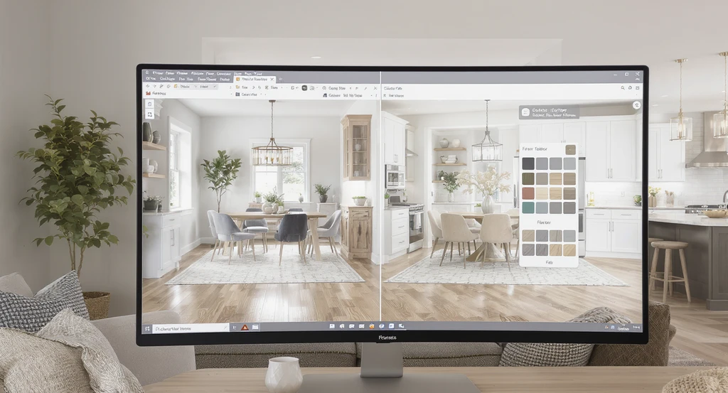Open-concept home with living, dining, and kitchen areas, showing multi-view AI home design tools preventing room design mismatches using real-time visualization.