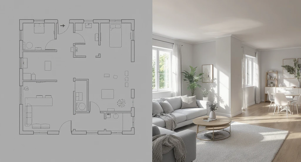 Split-screen of a modern living room showing a 2D floor plan on the left and a realistic 3D render on the right, highlighting how multi-view AI home design tools prevent room design mismatches by revealing issues like blocked windows and awkward pillars that floor plans alone may miss, best practices for using design visualization tools for open concept spaces.