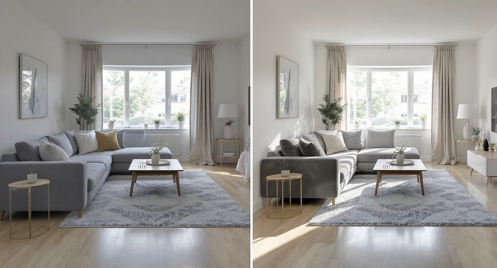 Photorealistic split-view of an open-concept living room showing a virtual plan with an oversized sofa blocking a window versus an accurate, real-world layout using multi-view AI home design tools for preventing room design mismatches.