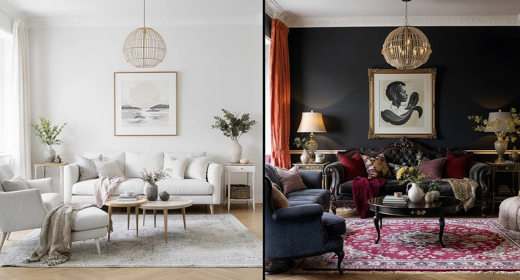 Split-screen shows a living room staged twice with mismatched furniture, decor, and colors, illustrating traditional AI staging vs multi-view AI home staging benefits.