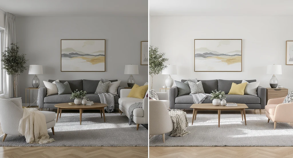 Two photorealistic living rooms side-by-side; left shows inconsistent staging with mismatched furnishings, right illustrates consistent AI home staging, building buyer trust through visual harmony.