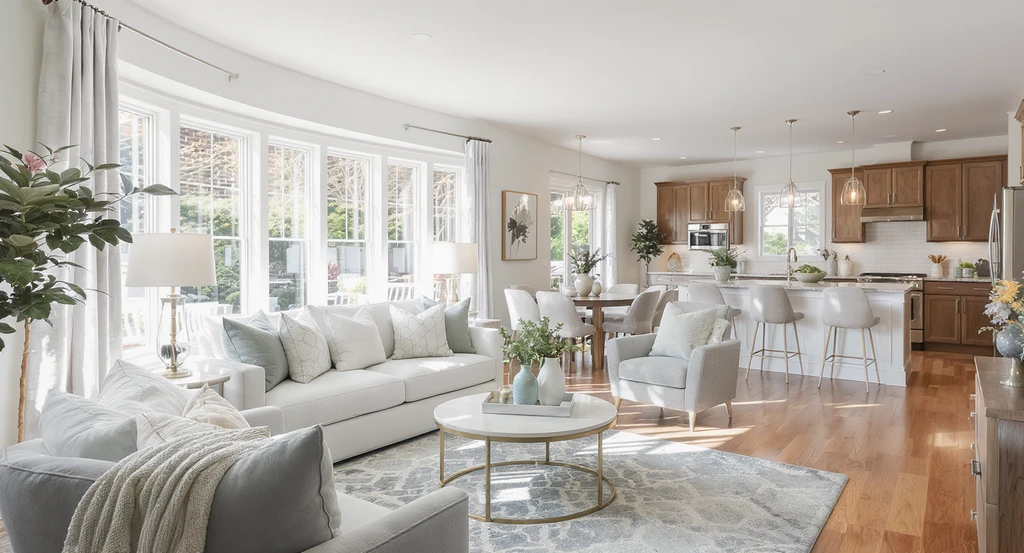 Photorealistic open-concept home interior staged with multi-view AI design tools, showing unified furniture, décor, and lighting that boost buyer trust and listing performance.