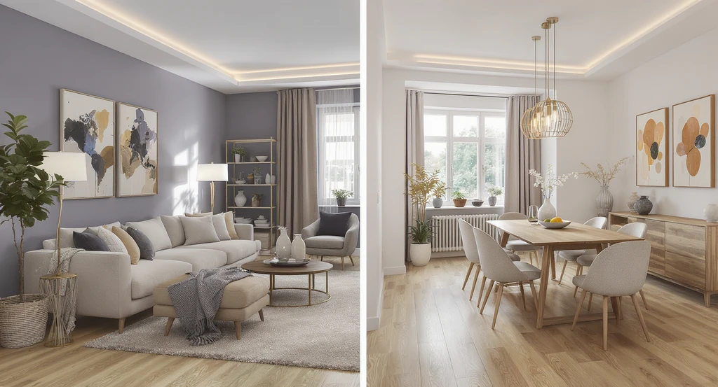 Editorial-quality photorealistic interior showing consistent AI-staged living and dining rooms; highlights multi-view staging trust benefits in real estate.