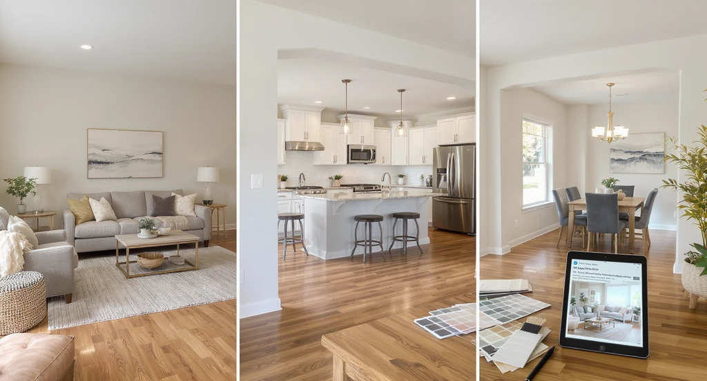 Photorealistic multi-view AI home staging scene showing consistent color changes and material upgrades across a living room, kitchen, and dining area, demonstrating how AI staging builds buyer trust and supports confident renovation planning.