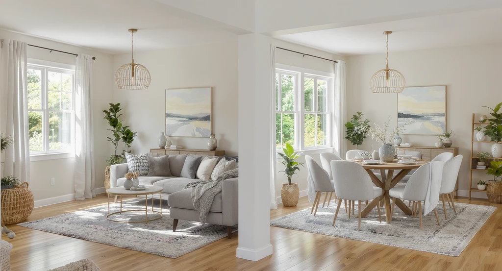 A seamless open-plan living and dining space shows consistent decor and design choices, demonstrating multi-view AI home staging benefits and building buyer trust by ensuring visual continuity in real estate listings.