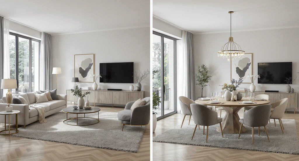 Photorealistic multi-view scene of a stylish living and dining area, showing consistent AI home staging design across angles for trustworthy real estate listings.