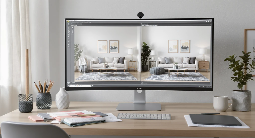 Modern home office with a computer displaying a side-by-side comparison of AI-staged rooms, showing the benefits of multi-view AI home staging and expert quality control for consistent, trustworthy real estate photos.