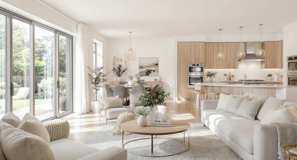 Open-plan home interior exhibiting consistent furnishings, colors, and lighting across living, dining, and kitchen areas, demonstrating multi-view AI home staging benefits for a cohesive, trustworthy property story in real estate listings.