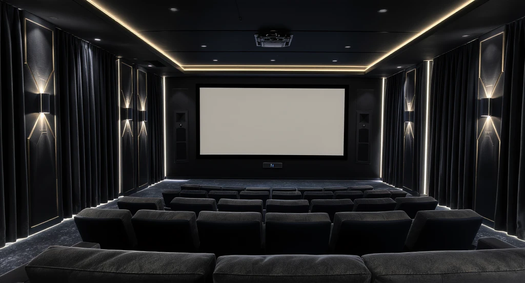 Luxurious home theater in an empty spare room with tiered seating, blackout drapes, acoustic panels, and optimized speaker placement for immersive sound.
