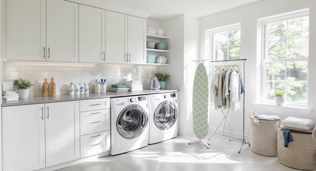 Spare room transformed into a bright laundry oasis with folding counter, sorting bins, storage for detergents, ironing area, and drying rack. Creative ideas for empty rooms and unique laundry room solutions are showcased.