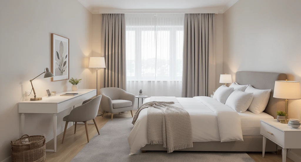Modern guest room featuring luxury bedding, blackout curtains, slim desk workspace, reading nook, and ample storage—showing creative ideas for empty rooms and unique ways to use spare space.