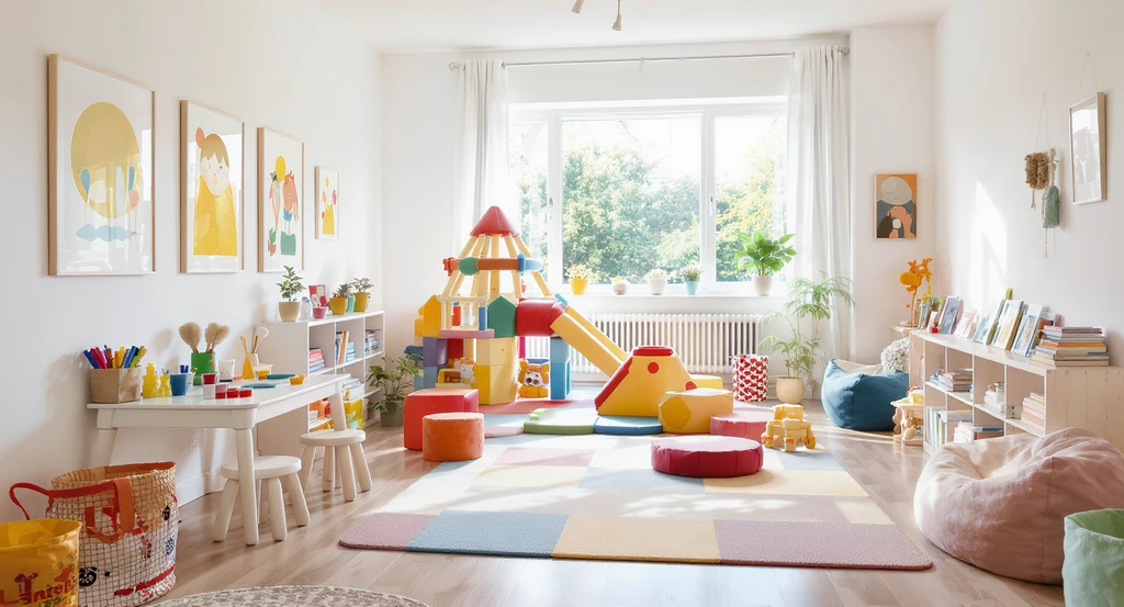 Modern children's playroom in a spare room, featuring modular furniture, low shelving, and zoned spaces for art, active play, and reading, showing creative ideas for empty rooms.